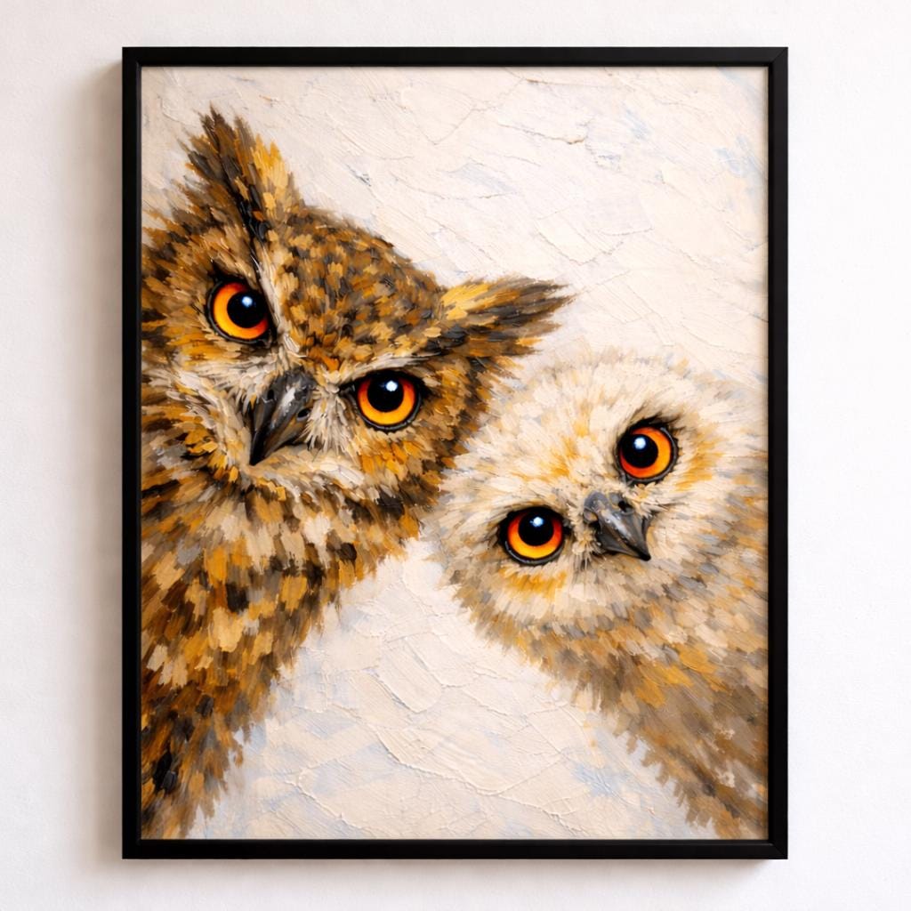 Mother & Baby Owl Wall Art Print &ndash; Cozy Woodland Nursery Decor, Rustic Animal Artwork, Nat