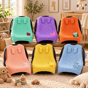 May include: Six crocheted baby car seat covers in mint green, purple, orange, peach, yellow, and light blue. Each cover features a textured stitch pattern, two top tabs, and a small decorative applique: a ladybug, butterfly, owl, rabbit, chick, or bear.