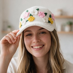 Crochet Baseball Cap Pattern PDF Floral Hat Crochet Tutorial Beginner Summer Cap Pattern Flower Cap Botanical Crochet Hat
