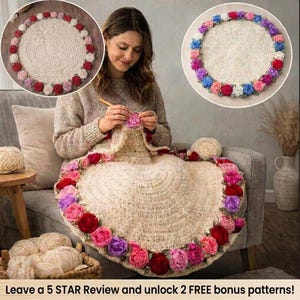 Puede incluir: Una manta de ganchillo en forma de corazón de color crema con un borde de rosas de tela coloridas. La imagen también muestra dos esteras de ganchillo circulares con bordes de rosas. El texto en la parte inferior dice: "Leave a 5 STAR Review and unlock 2 FREE bonus patterns!"