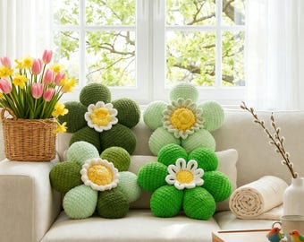 Crochet Flower Pillow Pattern Bundle, Daisy Cushion Set, Spring Decor Pillows, Floral Throw Pillows, Cottagecore Home Decor