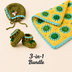 May include: A 3-in-1 bundle featuring a dark olive green crocheted bonnet with light blue trim and a small floral accent, a pair of matching olive green crocheted booties, and a yellow, green, and light blue crocheted granny square blanket.