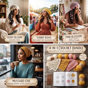 Crochet Mesh Headscarf Pattern Bundle PDF Boho Bandana Head Wrap Crochet Pattern Summer Festival Headscarf Digital Download