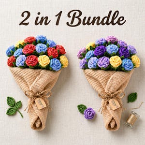 May include: Two crochet bouquets, one with red, yellow, and blue roses, the other with purple, blue, and yellow roses. The bouquets are wrapped in tan fabric and tied with twine. The text "2 in 1 Bundle" is at the top.