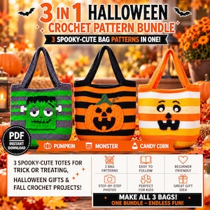 May include: A digital PDF crochet pattern bundle featuring three Halloween-themed tote bags: a green monster bag, an orange and black striped pumpkin bag, and a yellow, orange, and white candy corn bag with a face, all for trick-or-treating.