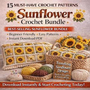 Patroon 15 zonnebloem oma-vierkant 5,0-inch bundel pdf, gehaakte bloemvierkanten, dekenmotiefset, gevorderd haken voor beginners