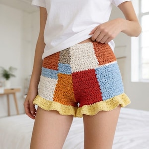 Crochet Shorts Pattern Granny Square Clothing Tutorial Beginner Project Summer Wear Festival Outfit Boho Style Patchwork Garment Digital