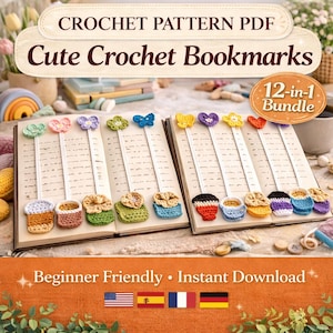 May include: A crochet pattern PDF for cute crochet bookmarks. The image shows open books with colorful crochet bookmarks shaped like flowers, butterflies, and cups. The text reads "Cute Crochet Bookmarks" and "12-in-1 Bundle".