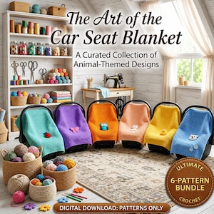 Patrón de manta de ganchillo para asiento de coche, funda para asiento de coche de bebé en PDF, manta de viaje para bebés, funda con capucha para asiento de coche, diseño de apliques de animales