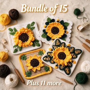 May include: A bundle of 15 crochet sunflower squares featuring yellow petals and dark brown centers, accompanied by various balls of yarn in yellow, brown, white, and green, along with wooden crochet hooks and a measuring tape.
