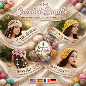4-in-1 Crochet Mesh Headscarf Pattern Bundle, Boho Bandana Hat PDF, Summer Festival Headwrap, Beginner Crochet Head Scarf Set