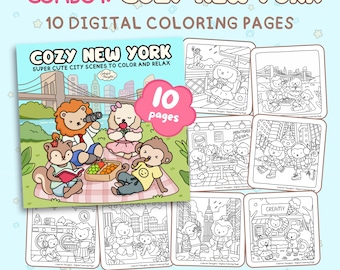 Nueva York acogedora (Combo 1): Páginas para colorear con escenas urbanas divertidas para adultos y adolescentes