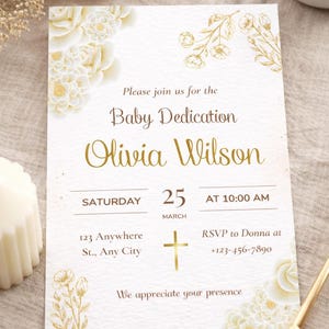 Modelo de convite editável para batizado de bebê no Canva, convite religioso para batizado de bebê, convite neutro para batizado, PDF para download instantâneo