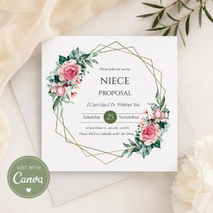 Può includere: Un biglietto d'invito quadrato con una cornice geometrica dorata decorata con rose rosa e foglie di eucalipto verdi ad acquerello. Il testo recita: Please join me as my NIECE PROPOSAL I Can't Say I Do Without You Saturday 25 November 123 anywhere st., any city, st 12345 Please RSVP to Gabrielle at 123-456-7890.
