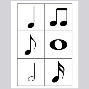 May include: A white background with six black musical notes in a grid. The notes include a quarter note, a half note, an eighth note, a whole note, and a sixteenth note. The image is a simple, clean representation of musical notation.