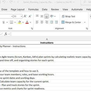 Op de afbeelding: Schermafbeelding van een Excel-spreadsheet met de titel "Sprint Planning & Capacity Planner - Instructions". Het document beschrijft hoe u de sjabloon kunt gebruiken voor Agile-teams, inclusief Scrum, Kanban en SAFe methodologieën. De spreadsheet bevat secties voor teamopstelling, sprintkalenders en capaciteitsberekeningen.