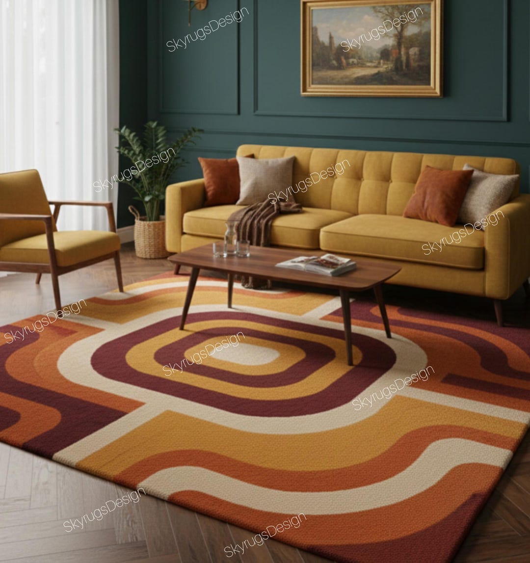 Large Retro Mid-century Modern Area Rug | 70s Style Wavy Abstract ...