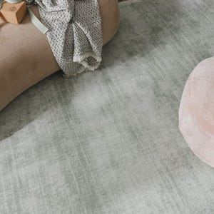 May include: A light green area rug with a distressed, textured appearance. A beige ottoman with a gray and white patterned throw blanket and a small wooden block are in the upper left corner. A pink ottoman is in the lower right corner.