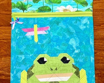 Frog & Dragonfly Pond Project Bag for Cross Stitch, Knitting, Crochet, Needlepoint, Craft Organizer