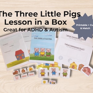 三匹の子豚の順序付けアクティビティ（印刷可能）｜幼稚園児向けストーリー再話カード｜言語療法、自閉症、ADHD、特別支援教育向けPDF