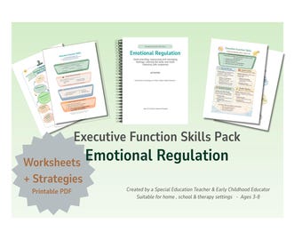 May include: A collection of printable worksheets and strategies for emotional regulation, suitable for ages 3-8. The image features a spiral-bound booklet and several sheets with text and diagrams, with the title "Emotional Regulation".