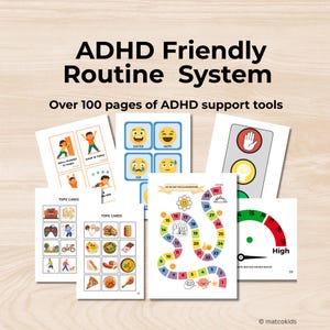 May include: ADHD Friendly Routine System with over 100 pages of support tools. Includes topic cards, a focus adventure game, and emotion cards with happy, sad, and excited faces. Also features a stoplight graphic and a gauge.