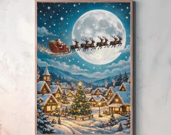 Magical Christmas Wall Art Santa Sleigh Printable, Christmas Decor, Holiday Wall Art, Santa Claus Illustration, Winter Christmas Print
