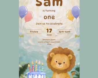Lion Birthday Invitation, Safari Jungle Theme, Editable Canva Template, Digital Download