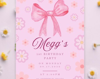 Pink Bow Birthday Invitation Template, Girls Party Invite (Digital)