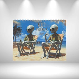 May include: A 2027 wall calendar titled N.H.I. CALENDAR featuring an illustration of two grey extraterrestrial figures with large black eyes wearing floral shirts, sitting in folding beach chairs on a sandy shore with a blue ocean background.