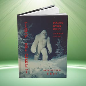 May include: A hardcover book with a dark cover featuring a white yeti standing in a snowy forest. The text reads TOP SECRET, MAJIC EYES ONLY, AAWSAP FILES, and CRYPTID TYPE: YETI in red lettering. The book is slightly open, showing white pages inside.