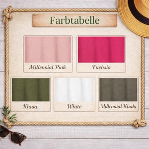 May include: A colour chart labelled "Farbtabelle" shows five fabric swatches: Millennial Pink, Fuchsia, Khaki, White, and Millennial Khaki. The chart is framed with rope and includes a straw hat and sunglasses.