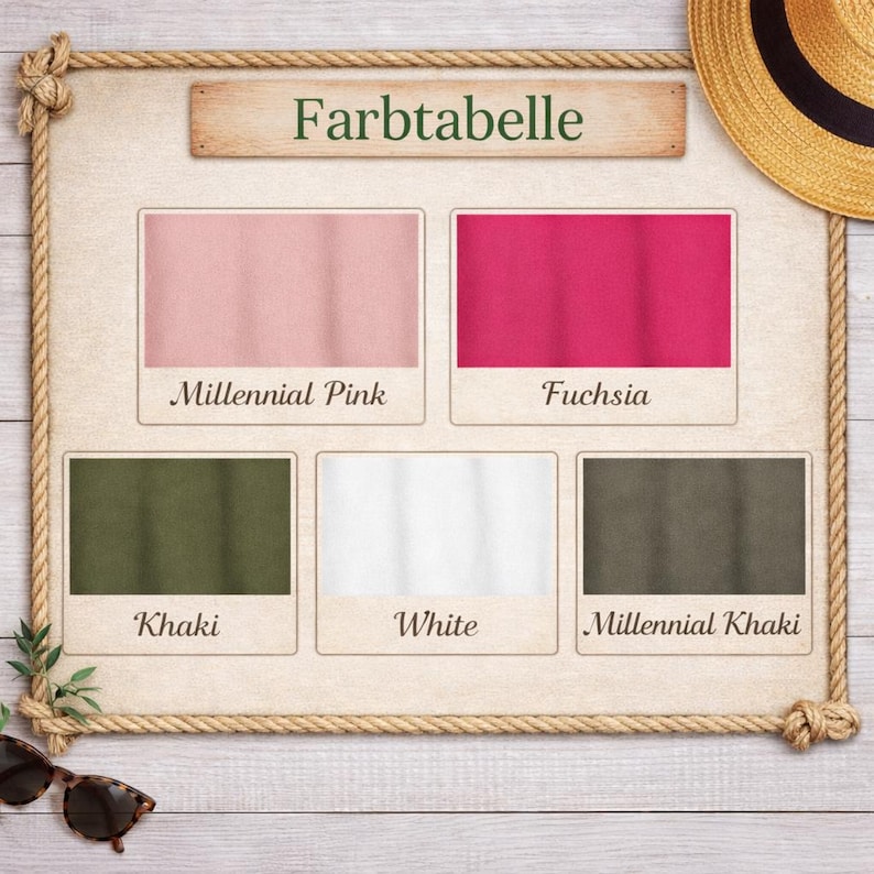 May include: A colour chart labelled "Farbtabelle" shows five fabric swatches: Millennial Pink, Fuchsia, Khaki, White, and Millennial Khaki. The chart is framed with rope and includes a straw hat and sunglasses.