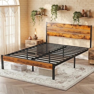 May include: A bed frame featuring a black metal slatted base and a headboard and footboard constructed from horizontal wooden planks with a rustic, distressed brown finish. The frame is supported by sturdy metal legs and a central support beam.