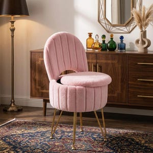 Tabouret de coiffeuse en fausse fourrure blanche avec rangement dissimulé, pouf de maquillage rembourré, pieds en métal doré