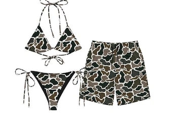 Couple Camouflage Swimwear Set – Matching Bikini & Men’s Swim Shorts, Camo Beach Vacation Outfit