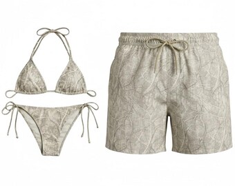 Couple  White Camo Camouflage Swimwear Set – Matching Bikini & Men’s Swim Shorts, Camo Beach Vacation Outfit