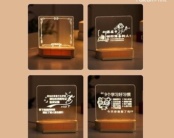 Square Night Light with Wooden Stand – Modern LED Lamp, Personalized Acrylic Night Light for Bedroom Decor
