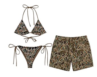 Couple Duck Camo Style Swimwear Set – Couple Matching Bikini & Men’s Swim Shorts, Camo Beach Vacation Outfit