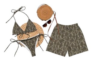 Couple Style Camo Style Swimwear Set – Couple Matching Bikini & Men’s Swim Shorts, Camo Beach Vacation Outfit