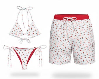 Matching Couple Swimwear Set, Ice Cream Print Bikini & Men’s Shorts