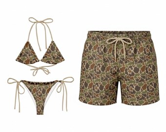 Couple Duck Camouflage Swimwear Set – Couple Matching Bikini & Men’s Swim Shorts, Camo Beach Vacation Outfit