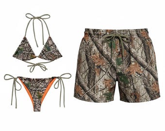 Couple  Camouflage Duck Tree Swimwear Set – Couple Matching Bikini & Men’s Swim Shorts, Camo Beach Vacation Outfit