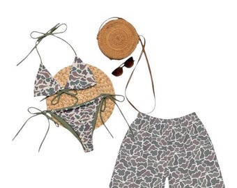 Leopard Camo Print Two-Piece Swimsuits for Couples  Women's Swim Bra & Tie Side Bikini, Men's Beach Shorts, Summer Vacation Holiday