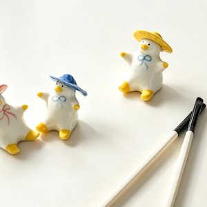 Ceramic Duck Pen Rest - Handmade Pottery Brush Holder with Colorful Hat & Bowtie, Kawaii Desk Decor for Artists