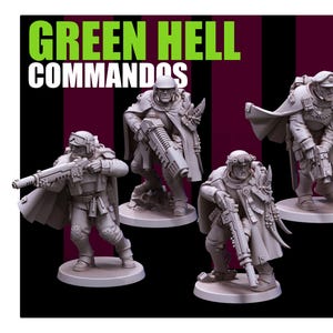 May include: Five gray miniature figurines of soldiers in combat gear, each holding a weapon. The figures are on circular bases, with the words "GREEN HELL COMMANDOS" in green at the top of the image.