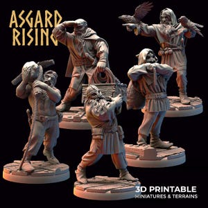 May include: A set of five grey 3D printable miniature figurines featuring bearded figures in tunics and cloaks, some wearing helmets or hoods, carrying items like a chest, rope, and birds. The text ASGARD RISING and 3D PRINTABLE MINIATURES & TERRAINS is visible.