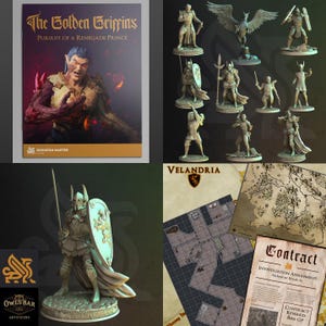 May include: A collection of fantasy role-playing game items. Includes a book titled "The Golden Griffins: Pursuit of a Renegade Prince", miniature figurines, maps, and a contract sheet. The figurines depict various characters, and the maps show a game setting.
