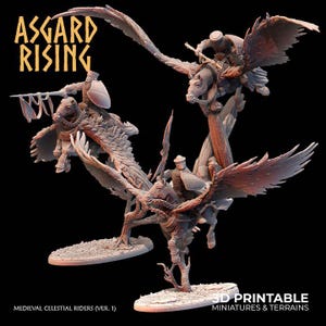 May include: A 3D-printed miniature featuring three medieval celestial riders with large wings, mounted on fantastical creatures. The riders are armored and carry weapons. The text "ASGARD RISING" is at the top, with "3D PRINTABLE MINIATURES & TERRAINS" at the bottom.