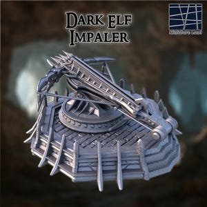 May include: A detailed, silver-colored Dark Elf Impaler miniature. The model features intricate mechanical details, including a spiked frame, a central rotating platform, and the text "Dark Elf Impaler" at the top. The Miniature Land logo is in the upper right corner.